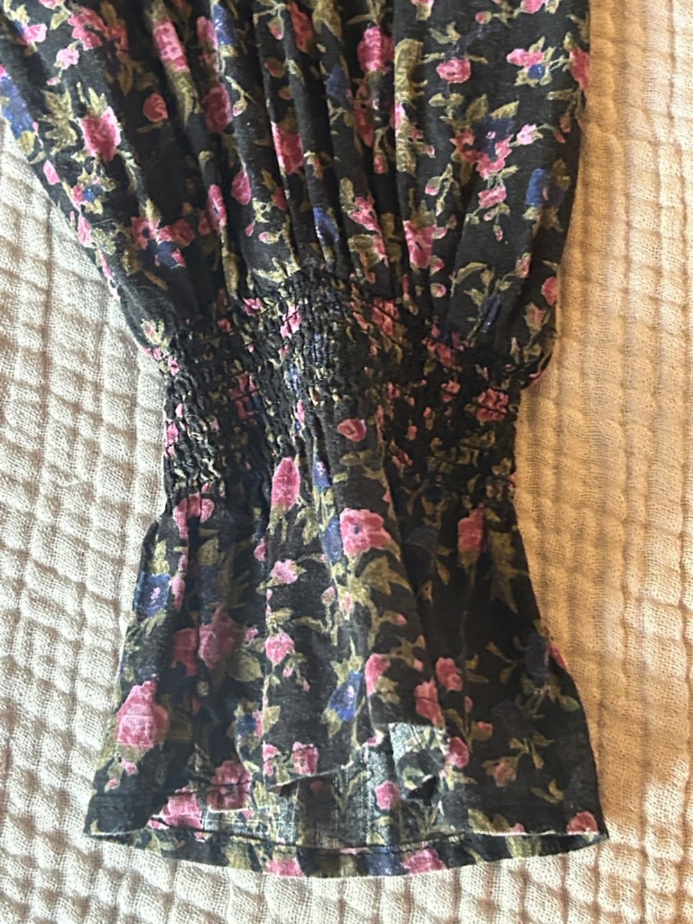 Free People Black Floral Button-Front Blouse with Pink Roses - Picture 7 of 7
